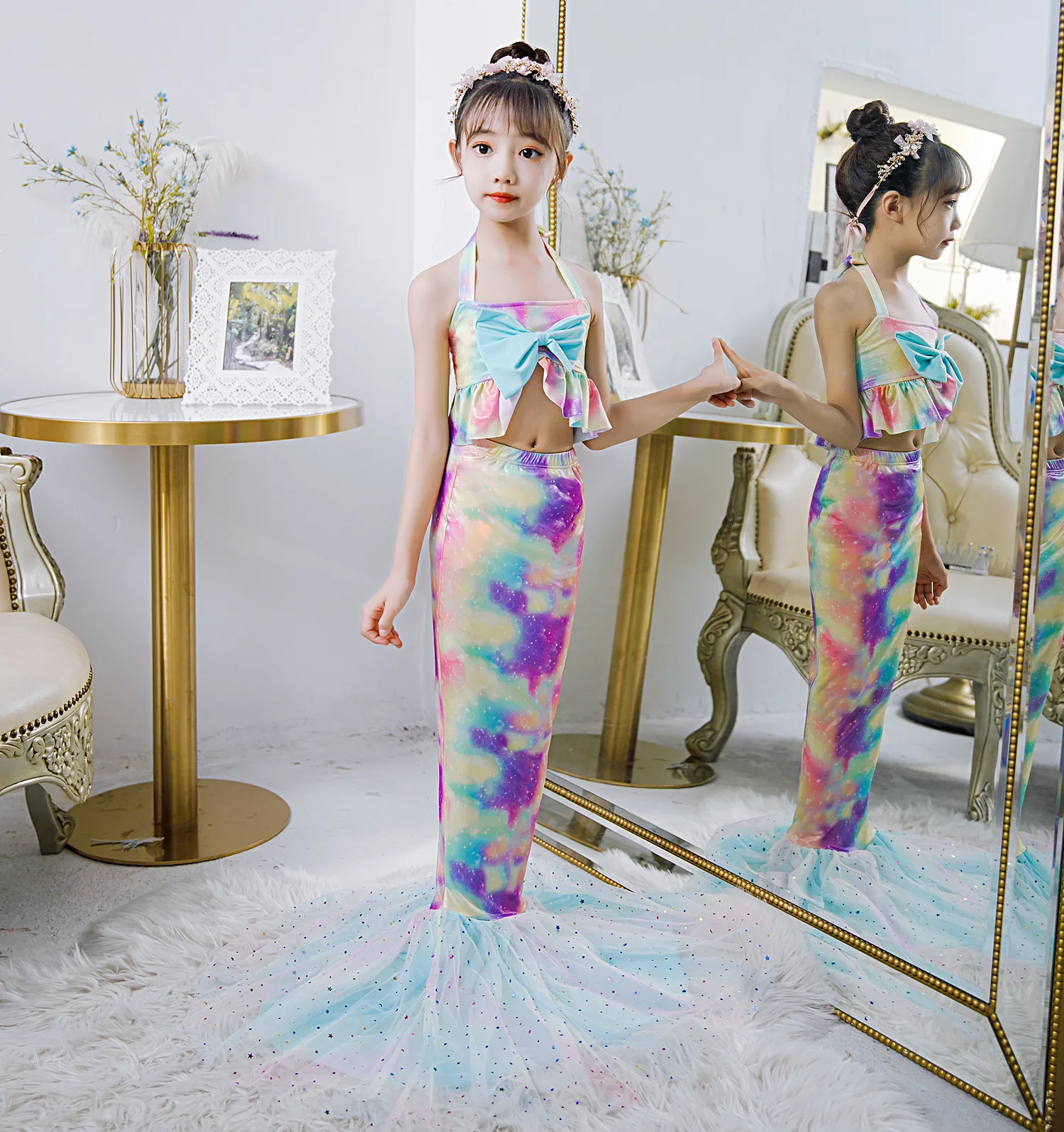 Детское длинное вечернее платье-Русалка для девочек пляжная одежда с лямкой на