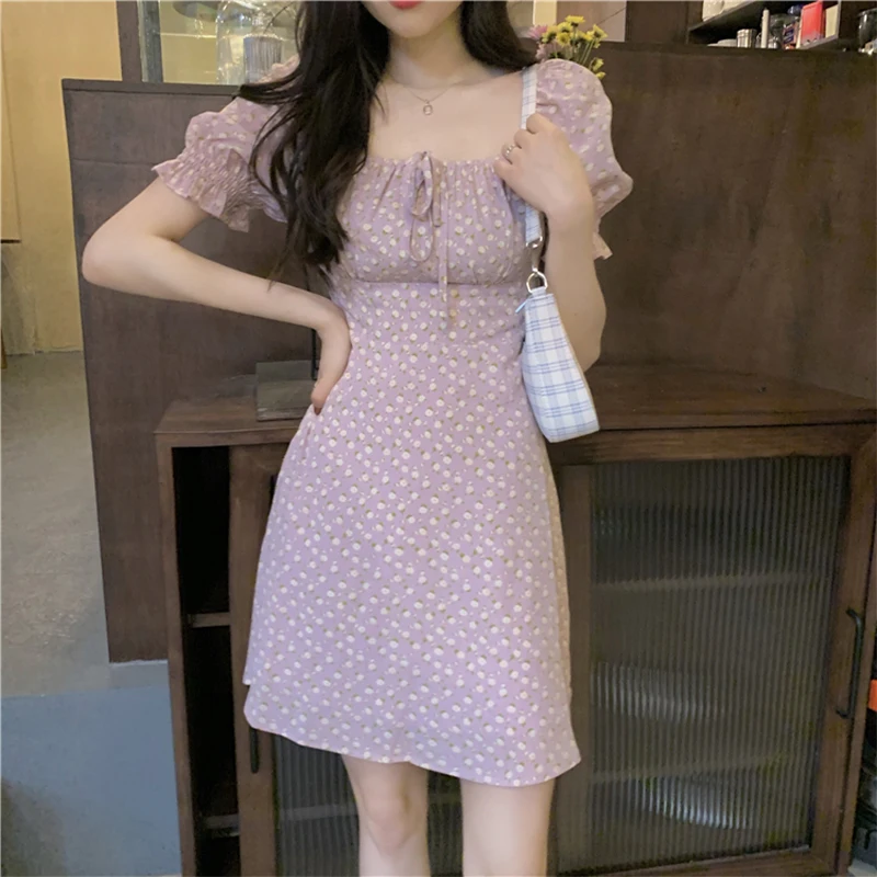 

2021 new women's summer dress French sweet dress short sleeve puff sleeve square neck short chiffon dress