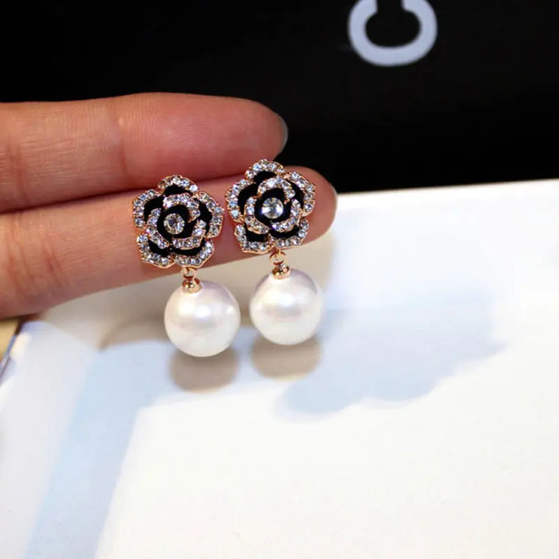

Exquisite Flowers Pearls Luxury Famous Brand Boucles Jewelry Earrings For Women Rhinestone Rose Fancy Earring