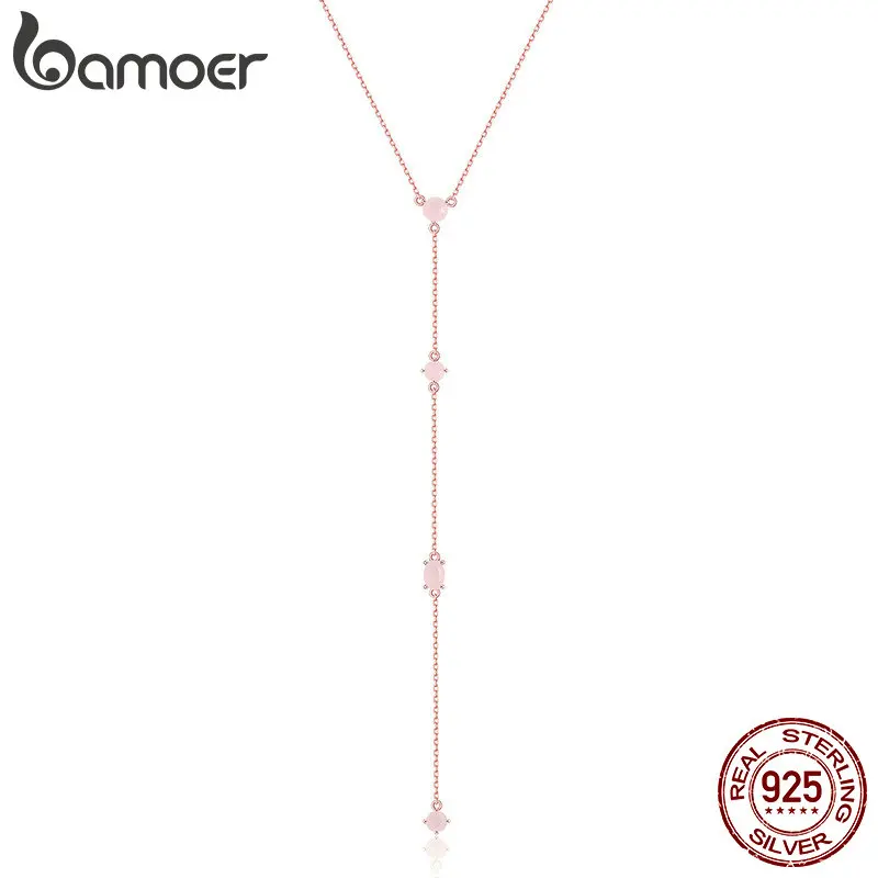 BAMOER,, 925 пробы, серебро, элегантное, розовое золото, CZ, длинная цепочка, ожерелье, Подвеска для женщин, серебряное ювелирное изделие, SCN306