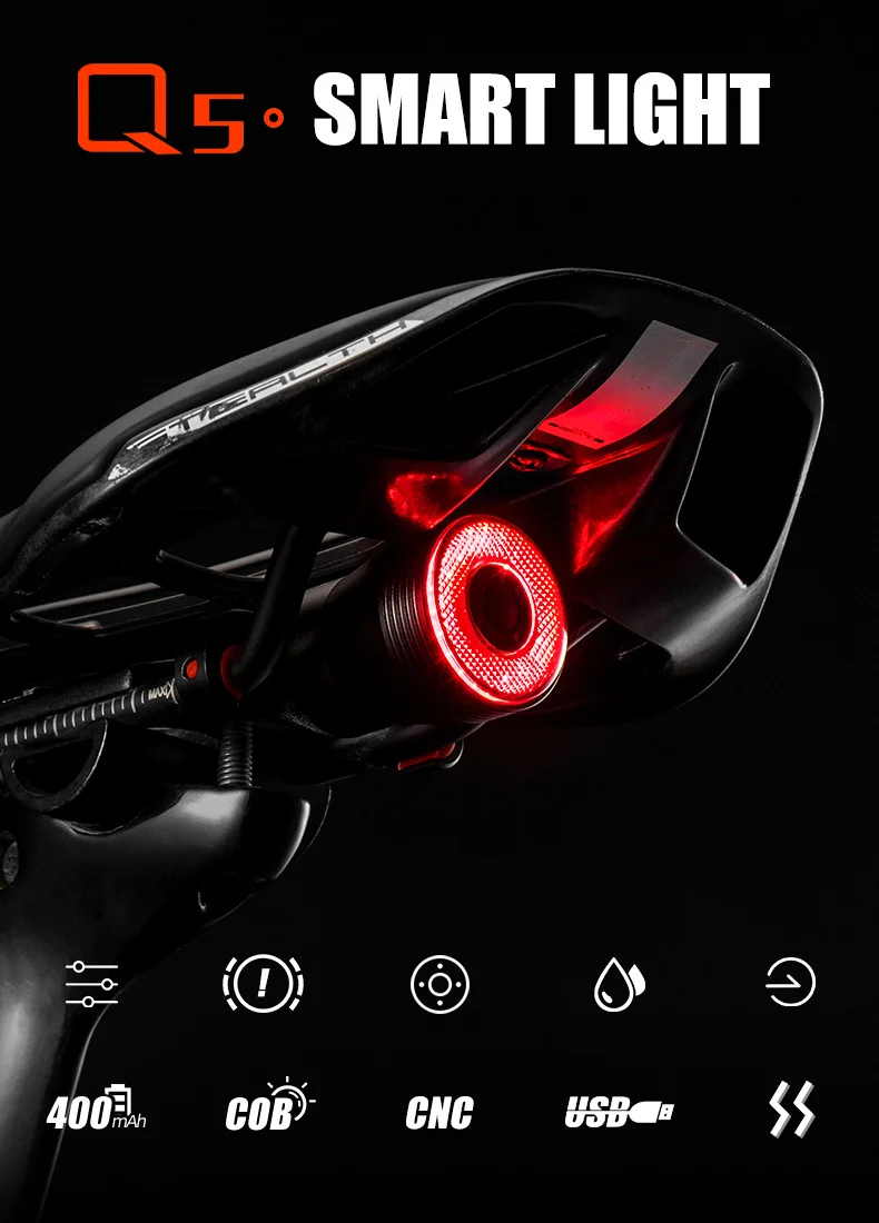 ROCKBROS Велосипед Smart Auto тормозной сенсор светильник IPx6 Водонепроницаемый светодиодный зарядки Велоспорт Хвост светильник велосипед задний светильник аксессуары Q5