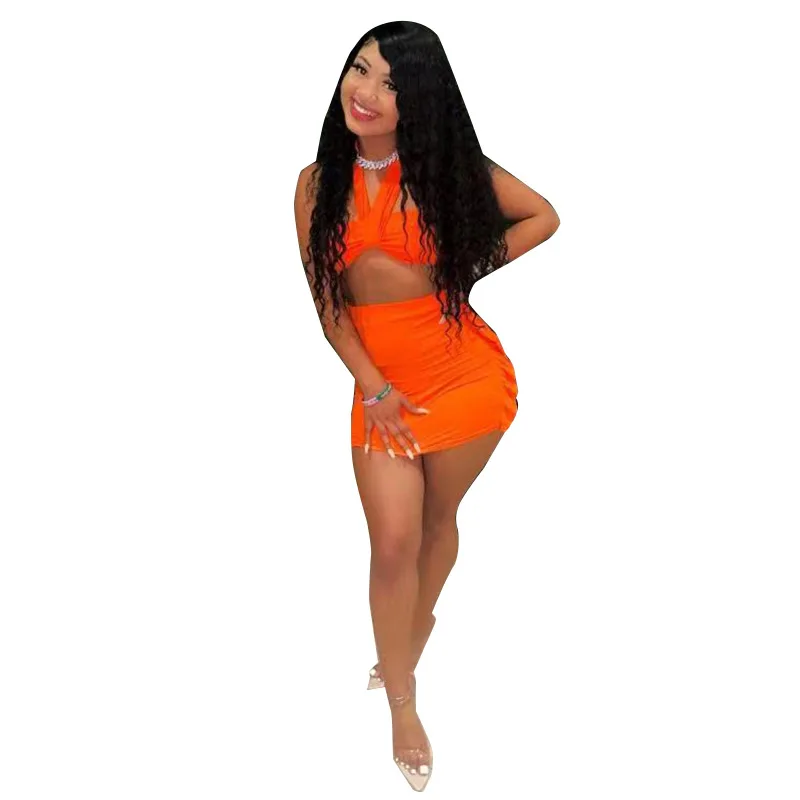

Women Set Solid Sleeveless Bandage Halter Crop Tops Mini Skirts Two 2 Piece Sets Sexy Night Clubwear Summer Outfit