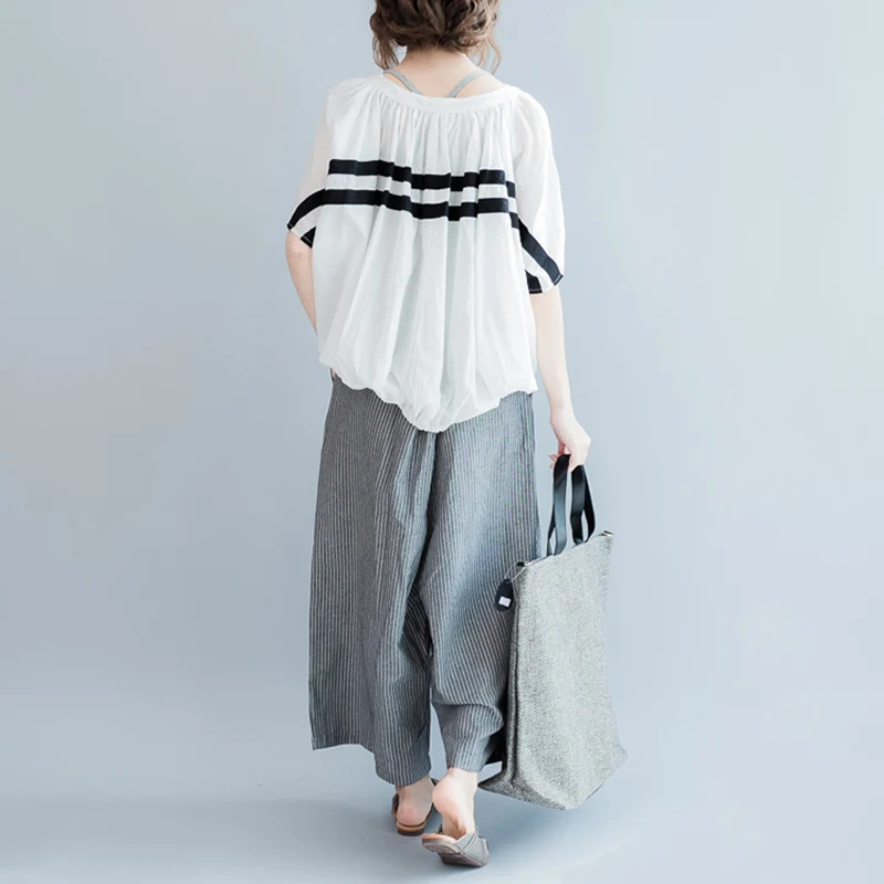 Женский полосатый пуловер с коротким рукавом и круглым вырезом в Корейском