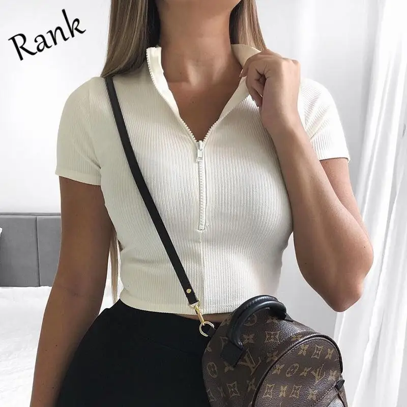 

Rank Women Sexy Zipper Knitted Solid Color Short Top T-Shirt Ladies Summer V-Neck Casual Short-Sleeved 5-Color Top Women