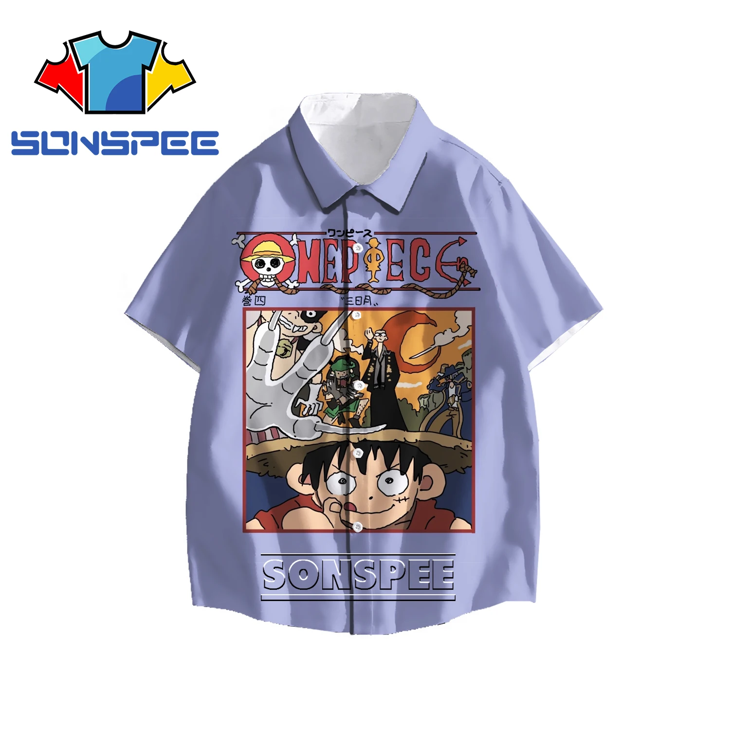 

SONSPEE 3D Anime One Piece Character Japanese Print Casual Shirt Summer Men's Lapel Loose Top Unisex Loose Fashion Shirt