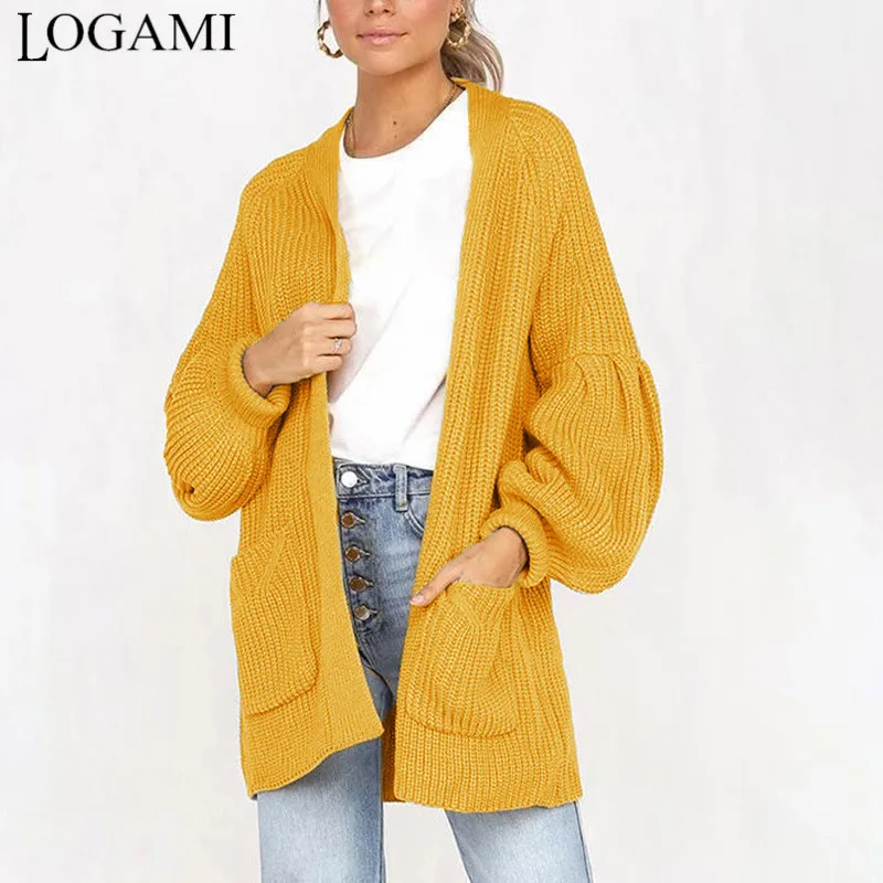 LOGAMI длинный кардиган Фонари с длинным рукавом свитер карманами женский