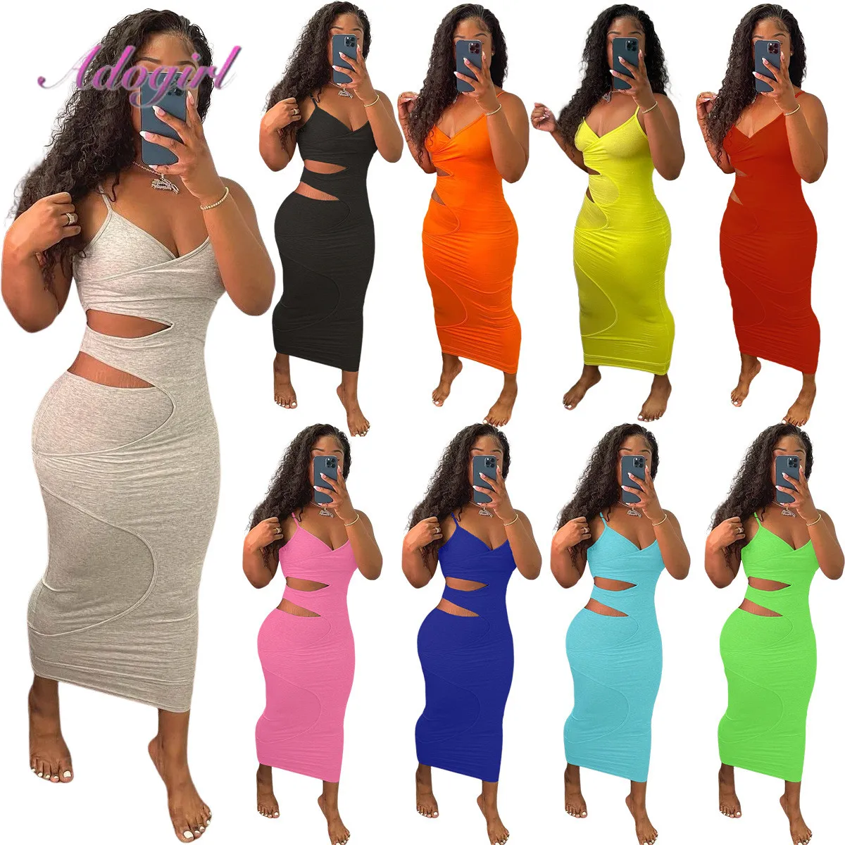 

Causal Solid Color Spaghetti Strap Hollow Out Sleeveless Summer Long Dress Women Sexy Bandage Backless Outfit Party Club Dresss