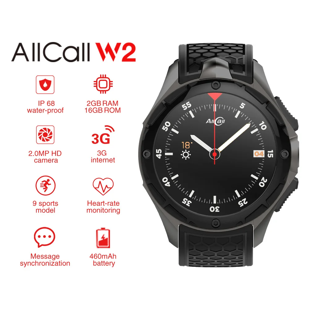 AllCall W2 3g WCDMA Android 7,0 четырехъядерный Смарт-часы 1,39 ''HD экран 2G 16G память gps Wifi частота сердечных сокращений Bluetooth 4,0 часы