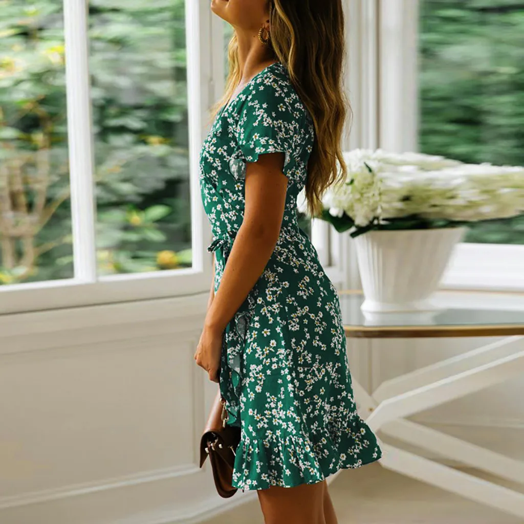 Women Dresses Summer 2020 Sexy V Neck Floral Print Boho Beach Dress Ruffle Short Sleeve A Line Mini Wrap Sundress Robe | Женская одежда