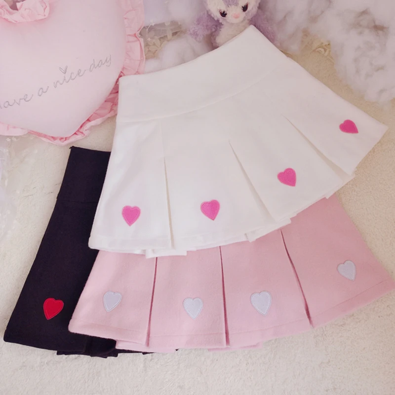 

Autumn New Sweet Women's Pleated Skirt Kawaii Love Woolen Cloth Skirts Female Thick Tutu Woman Y2k Jupe Short Femme Mujer
