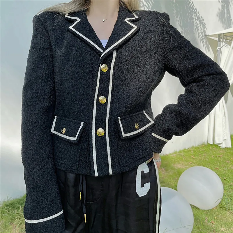 

Свободный облегающий повседневный костюм, Женское пальто с французской черной вставкой, осенне-зимняя женская одежда
