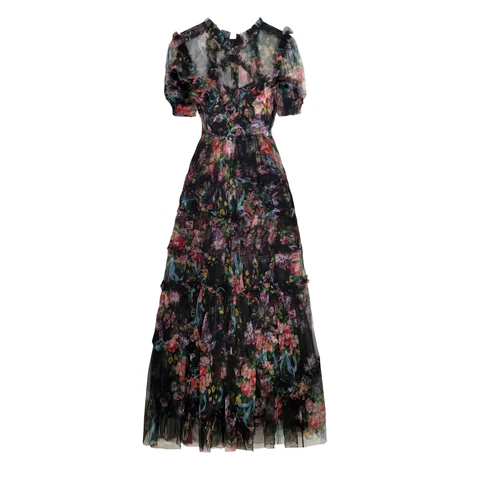 Женское Сетчатое платье макси, Черное длинное вечерние жное платье с цветочным принтом, с длинным рукавом, весна-лето 2021
