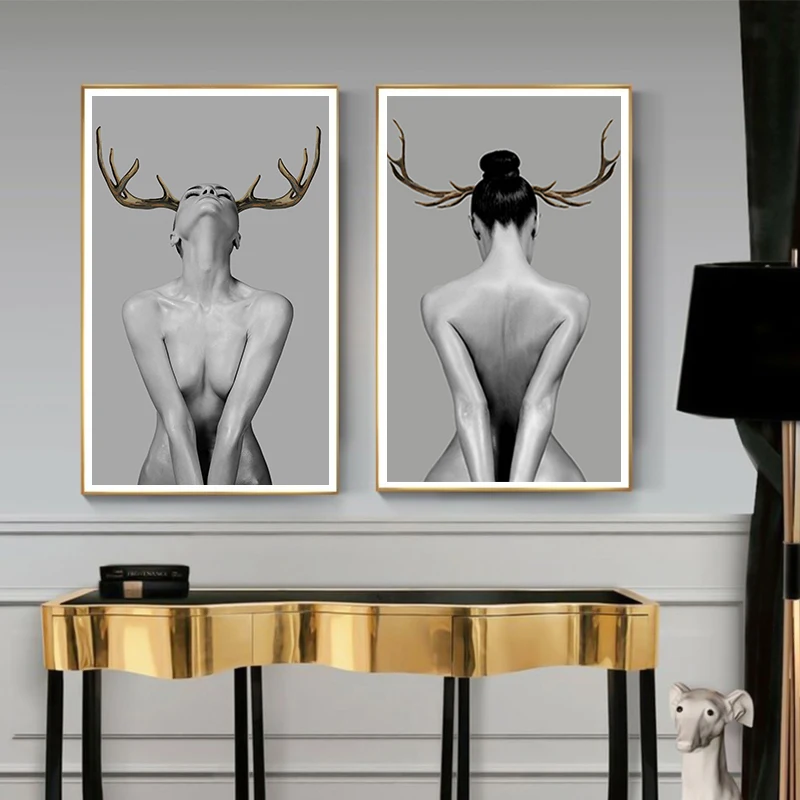 2 панели Современные Сексуальные Женщины Золотые олени оленьи рога Настенная