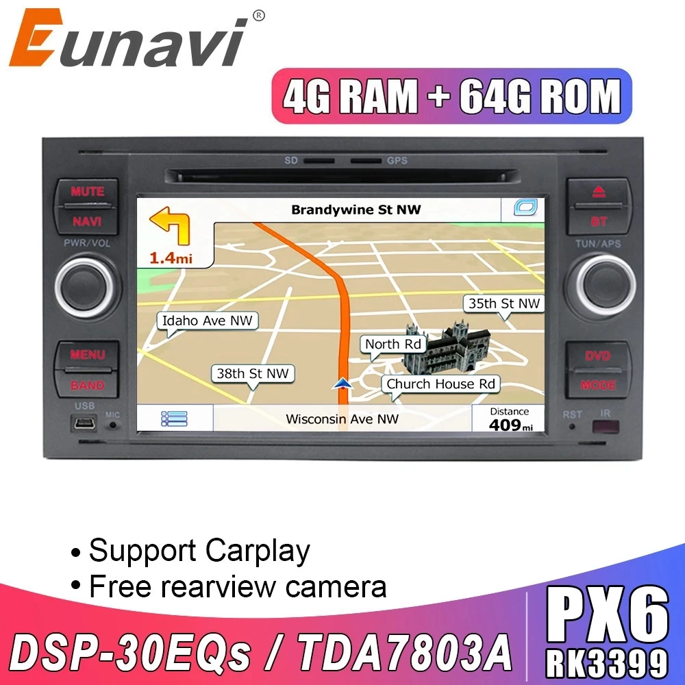 Eunavi 4G 64G Android 10 автомобильное радио DVD мультимедиа для Ford Focus Mondeo S max C MAX Galaxy Fiesta Fusion