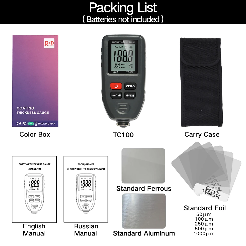 soil ph tester R&D TC100 Coating Thickness Gauge 0.1micron/0-1300 Car Paint Film Thickness Tester Measuring FE/NFE Russian Manual Paint Tool personalised tape measure