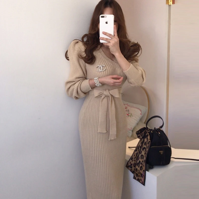 

3 Colors Winter Elegant Korea Style V Neck Sweater Dress Women Long Sleeve Belted Knitted Dresses For Female Mid-Length Vestido