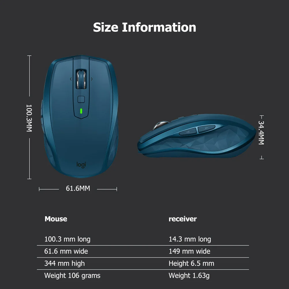 Logitech MX Anywhere 2S Wireless Mouse 7 Buttons Rechargeable Bluetooth USB Optical Mice for Laptop Desktop PC Computer