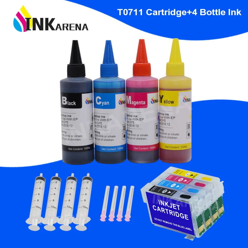 

INKARENA T0711 XL Printer Ink Cartridges + 400ml Dye Ink For Epson Stylus D78 D92 D120 DX4000 DX4050 DX4400 DX4450 DX5000 DX5050