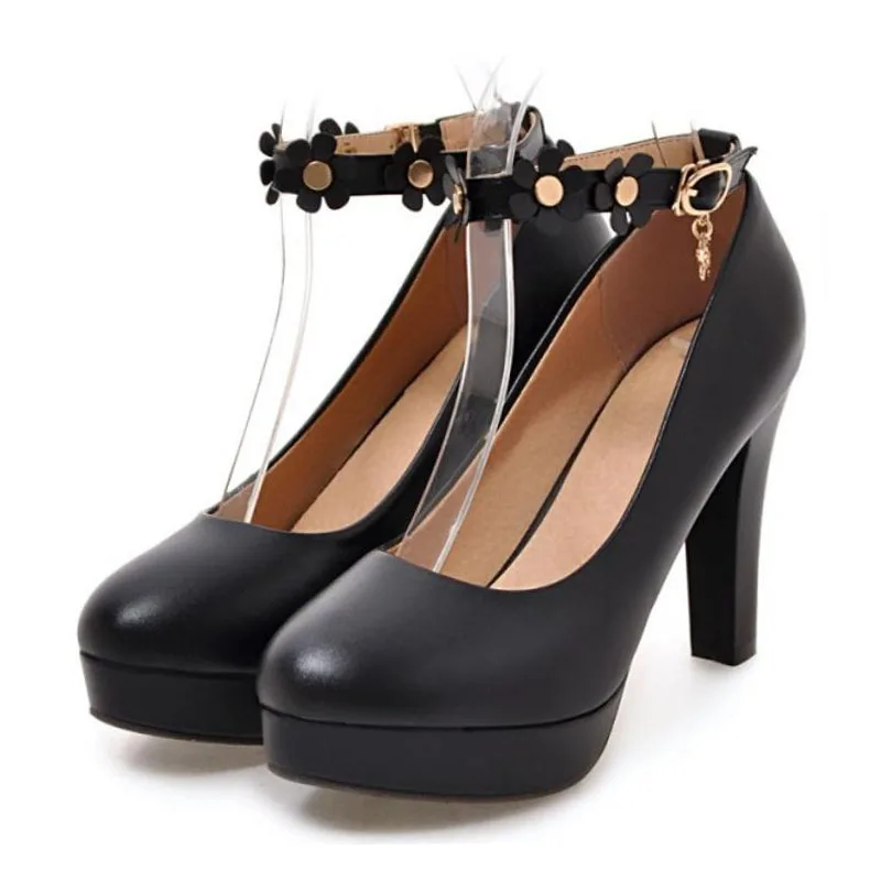

Fanyuan New Women High Heel Shoes Round Toe Platform Ankle Strap Flower Pumps Fashion Party Club Shoes Women Size 32-43