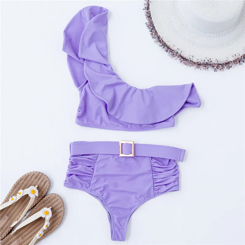 

Ladies Bikini Two-piece with Oblique Shoulder Design Ruffled Trim Sexy High Waist Summer Clothing