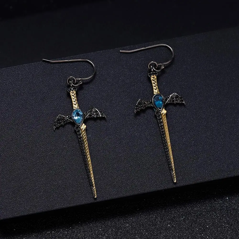 Koop GEM'S BALLET Natuurlijke Londen Blue Topaz Vintage Bat Wing Zwaard Drop Oorbellen 925 Sterling Zilveren Oorbellen Voor Vrouwen Fijne Jewelr
