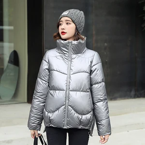 Женская теплая куртка с воротником-стойкой, блестящая короткая зимняя куртка, 2020