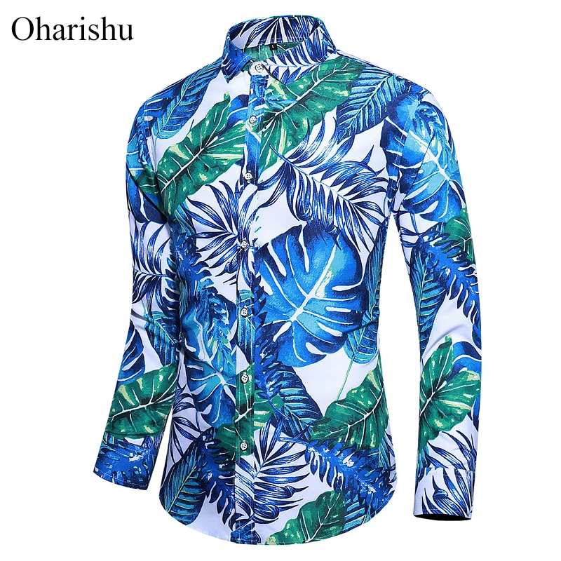 

45KG-120KG Autumn Men Blouse Fashion Design Colorfully Printed Shirt Men Hawaii Long Sleeved Beach Floral Shirts 5XL 6XL 7XL