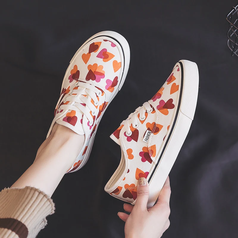 

Hight-top Canvas Shoes Chic Women's 2020 New Style White Shoes Spring Korean-style Girls Heart Sneakers 35-40 High Low Lace Up