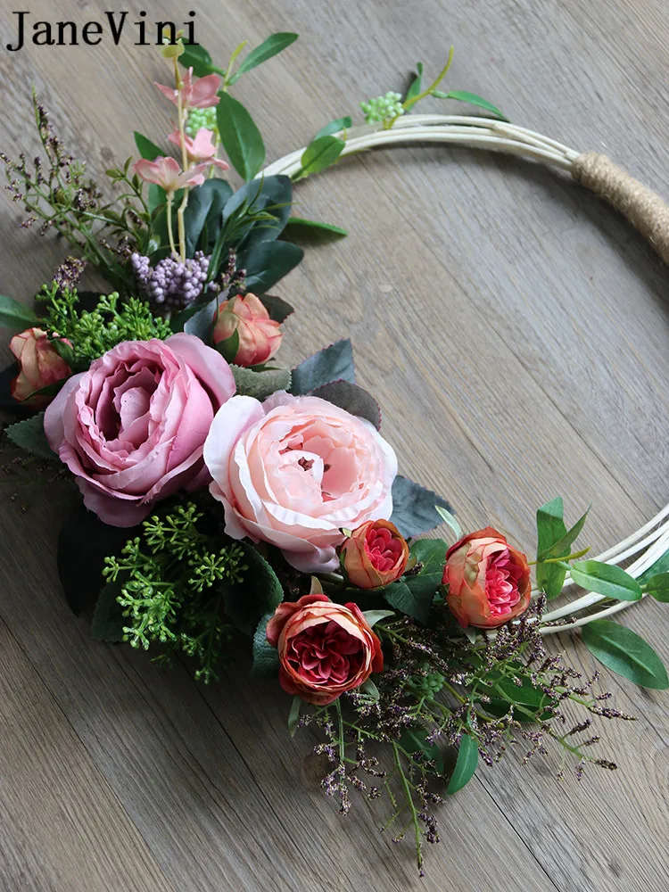 JaneVini Artificial Wedding Flowers Bridal Bouquets Accessories White Bride Flower Wreath Pink Peonies Garland Round Bouquet | Свадьбы и