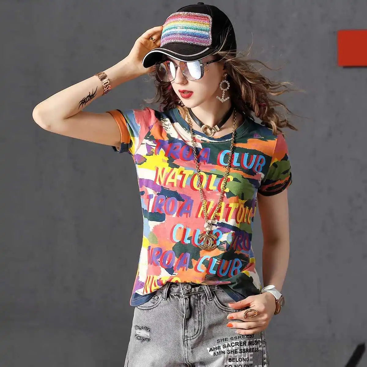 

2021 women's spring and summer new Korean slim slim Joker base printing round neck short sleeve T-shirt women