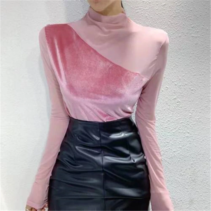 Лоскутная Водолазка женская футболка милые весенние облегающие Женские топы