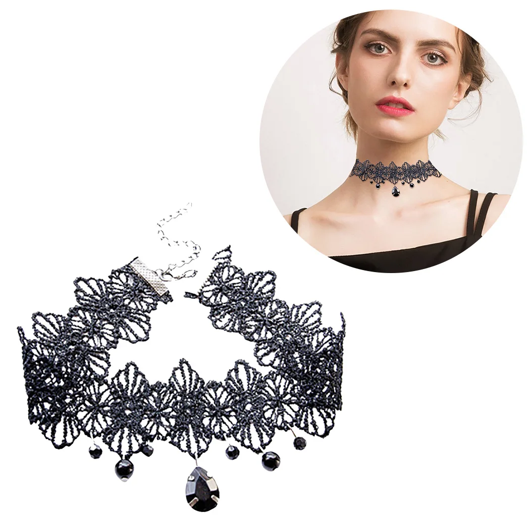 Женский чокер с черными кружевами и бусинами ошейник подвеской в стиле стимпанк
