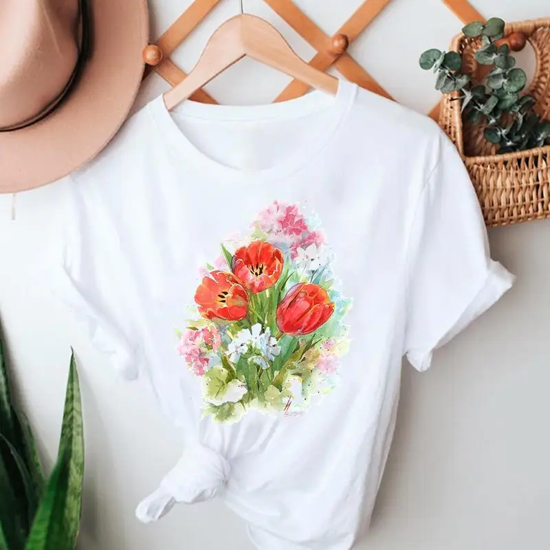 

Women Summer Tshirts Flower Floral Fashion 2021 90s Short Sleeve Cartoon Clothes Graphic T Top Lady Print Female Tee T-Shirt