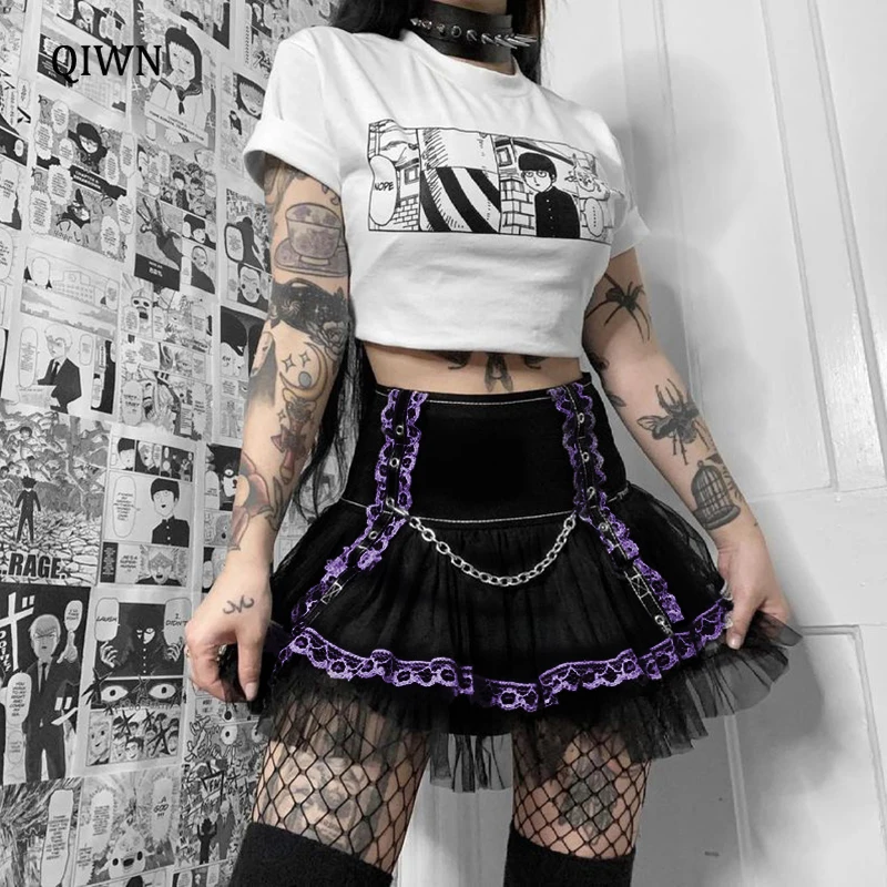 

Gothic Purple Lolita Skirt Y2K Harajuku Sexy High Waist Lace Mini Skirts Mall Goth Punk Chain E Girl Skirts Streetwear