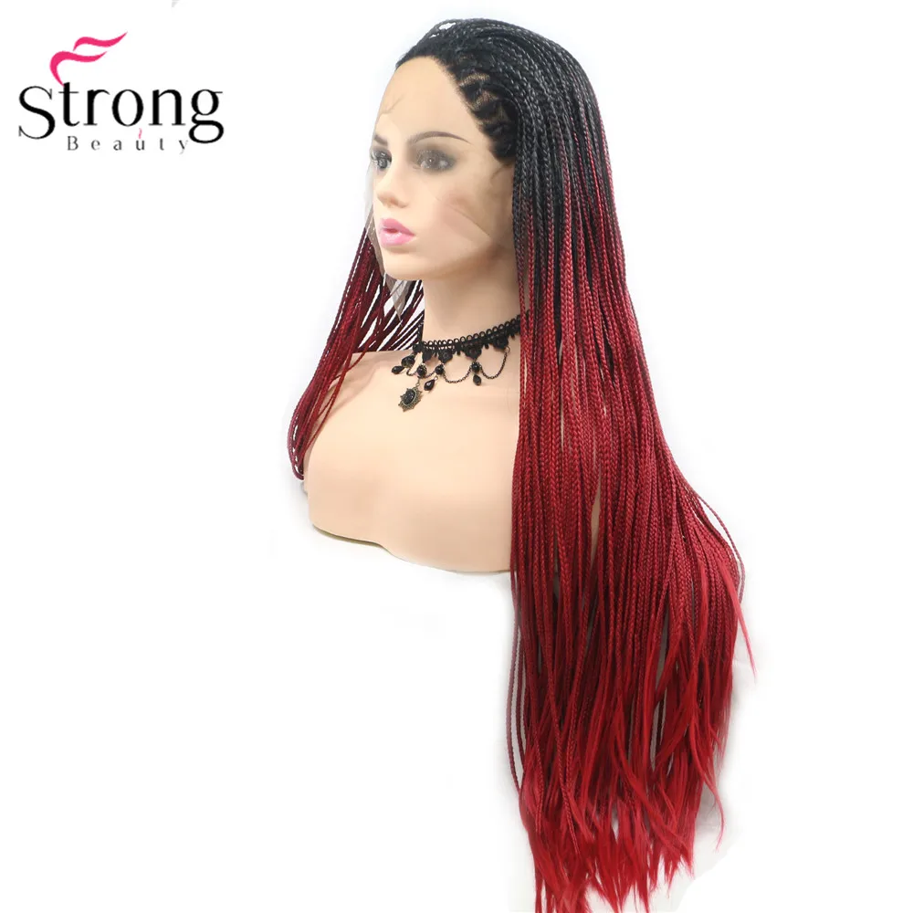 StrongBeauty коробка коса Кружева спереди длинный черный парик Омбре Синтетический Плетеный ящик косы парики для женщин