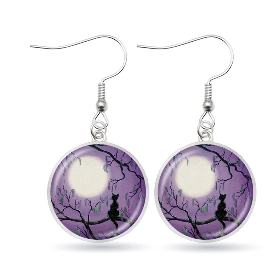 Полные серьги-висюльки с Луной черной кошечкой на дереве астрономические