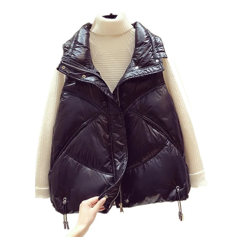 

Autumn Winter Glossy Warm Down Cotton Vest Women Tops Fashion Thin Double breasted Sleeveless Jacket Loose Short Waistcoat H1528
