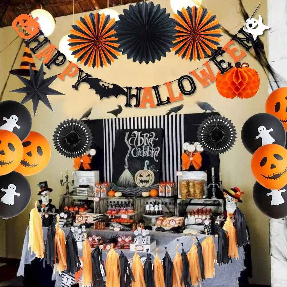 

14pcs Halloween Decoration Kit Happy Halloween Banner Honeycomb Pumpkin Ghost Balloons Halloween Home Party Decoration