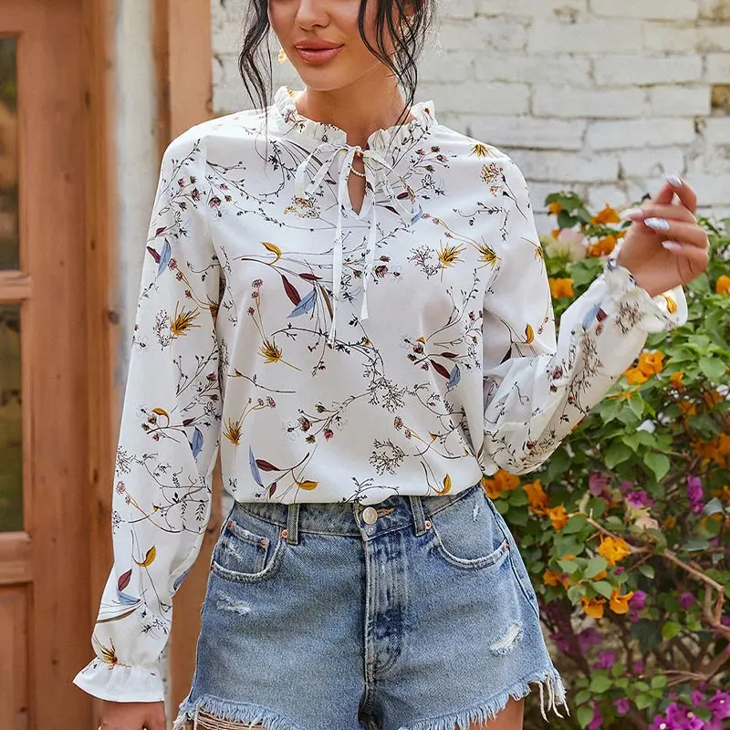 

Floral Print Lace Up Loose O-neck Women's Blouse Long-sleeved Chiffon Patchwork Female Blouses Summer Stylish Casual Lady Tops