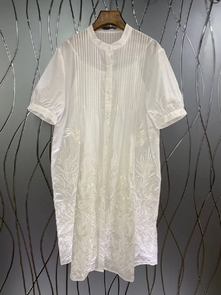 

Plus size Dress 2021 Summer Fashion Cotton Linen Dress High Quality Women Lurex Embroidery Short Sleeve White Dark Blue Dress