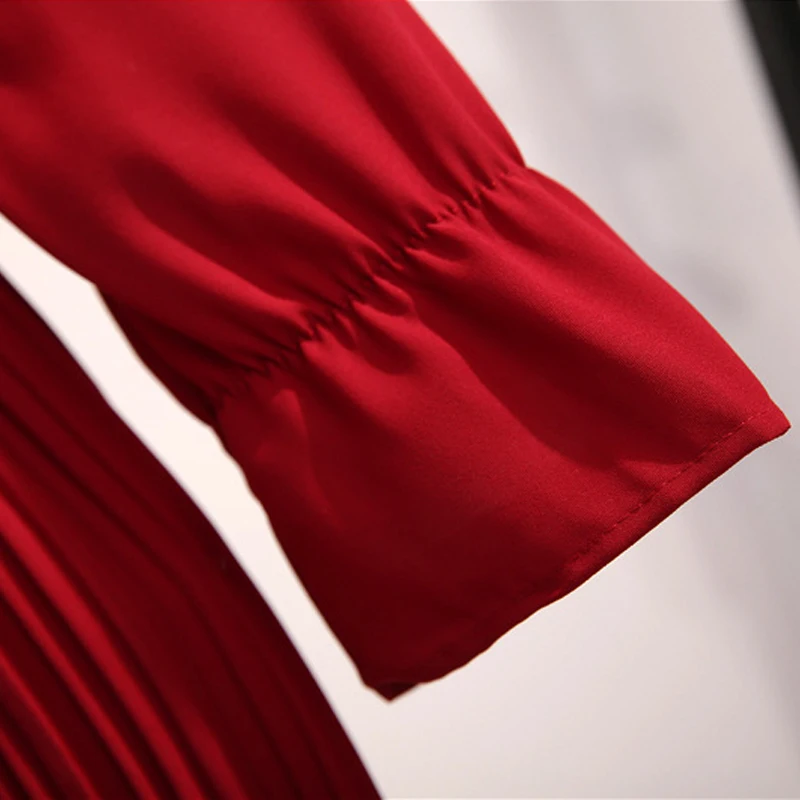 

Elegant Spring Autumn Solid Pleated Dress Women's 2021 New Sweet Bow Collar Slim Long Sleeve a Line Dress Female Office Lady
