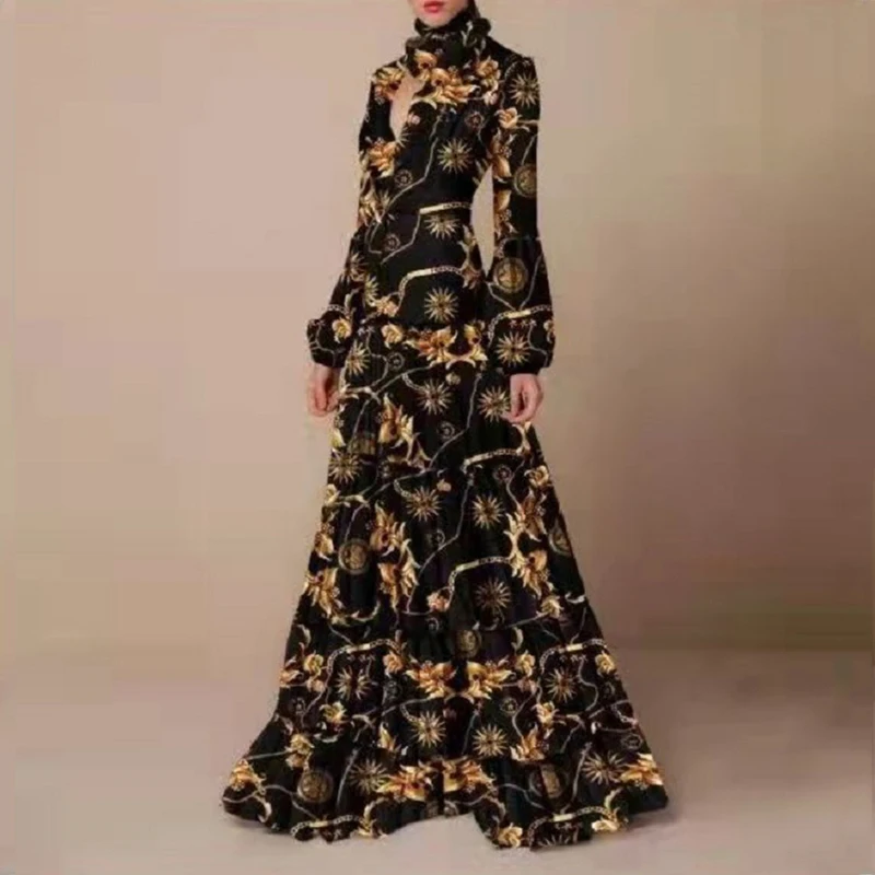 

Fashion Printed Halter Long Skirt Spring Autumn Women's Long Sleeve Hollow Party Dress Retro Floral Leopard Print Long Skirt