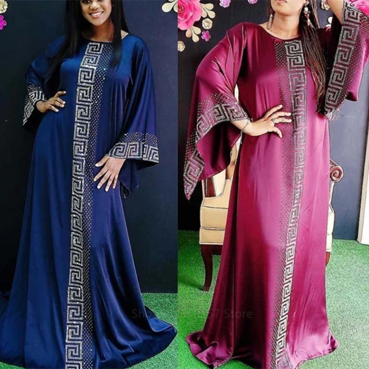 European Clothing Abayas for Women Turkish Muslim Fashion Islamic Style Plus Size Robe Silk Rhinestone Eid Mubarak Indian Dress