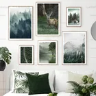 Картина на холсте, настенное искусство, природа, гора, туман, лес, олень, скандинавские плакаты и принты, украшение для гостиной, настенные картины без рамки