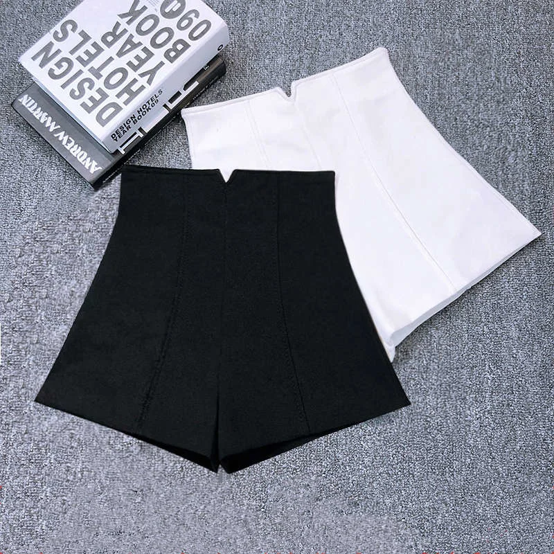 

White Black Stretch Suit Shorts Women New Mini Short Femme High Waist Shorts Women Hotpants Elegant Wide Leg Summer Shorts C5378