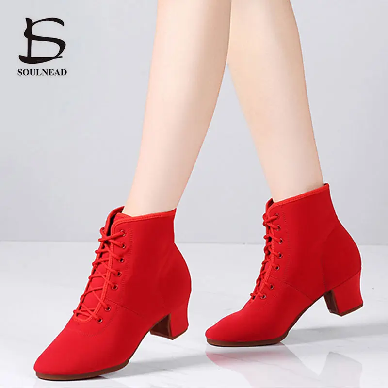 High Top Salsa Dance Shoes Women Red Latin Dance Shoes Jazz Dancing Boots Heel 3/5cm Outdoor Adult Woman Ballroom Dance Sneakers