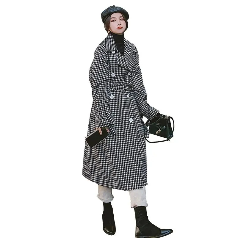 

Vintage Houndstooth Long Coat Women Batwing Sleeve Loose Elegant Wool Coat Straight Plaid Bandage Overcoat Abrigo Mujer