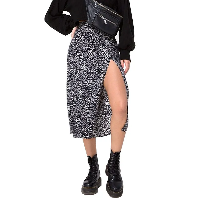 

2021 Summer Women Split Skirt New Fashion Sexy Casual Leopard Print High Waist Mid-Length Large Size Office Lady A-Line Skirts