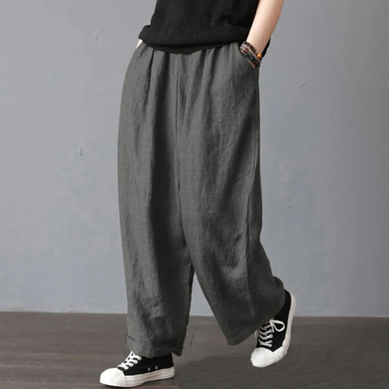 

Harem Pant Hemp Bloomer Fashion S-2XL Loose Women Trouser Cotton Linen Pleated Oversize Pockets Wide Leg Pant