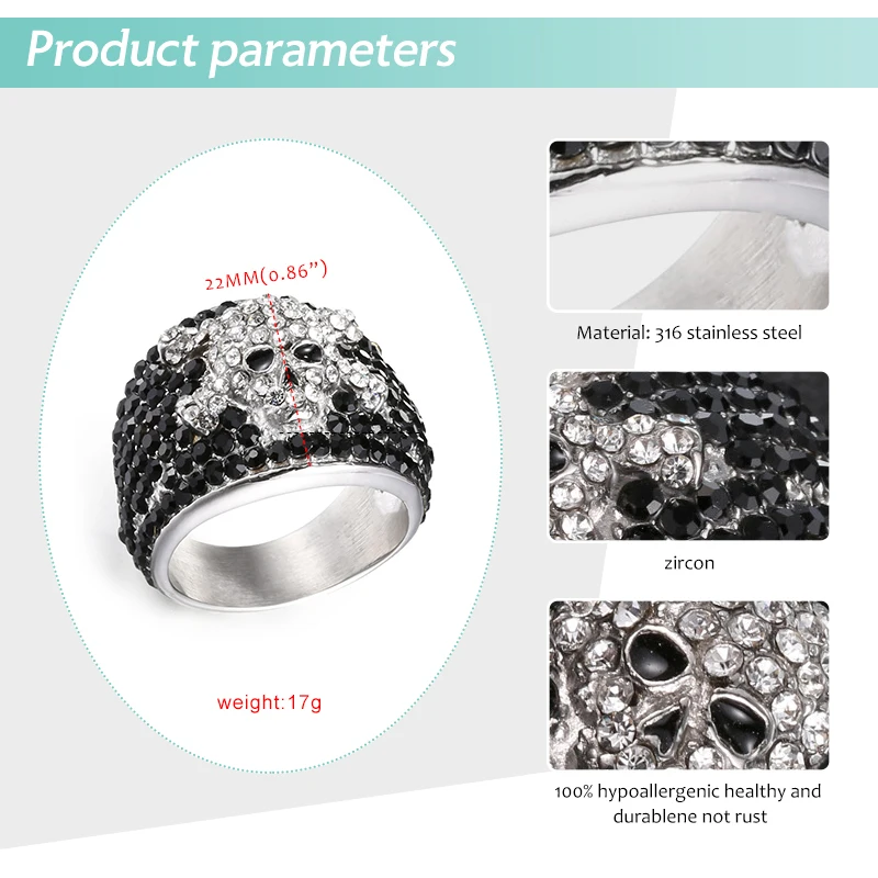 Модные кольца с черепом 316L из нержавеющей стали черного и золотого цвета Цвет для